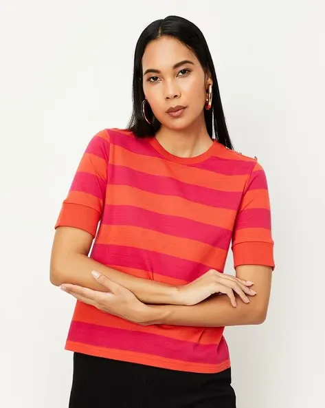 473Wx593H-465052773-pink-MODEL2.webp Women Striped Relaxed Fit Crew-Neck T-Shirt - Image 1